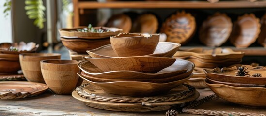 Handcrafted wooden dishware from the Philippines. - obrazy, fototapety, plakaty