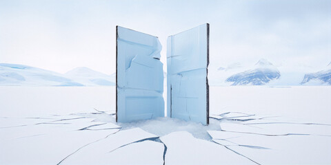 Icy blue minimal surrealism landscape with cracked ice floor and distant snowy mountains - obrazy, fototapety, plakaty
