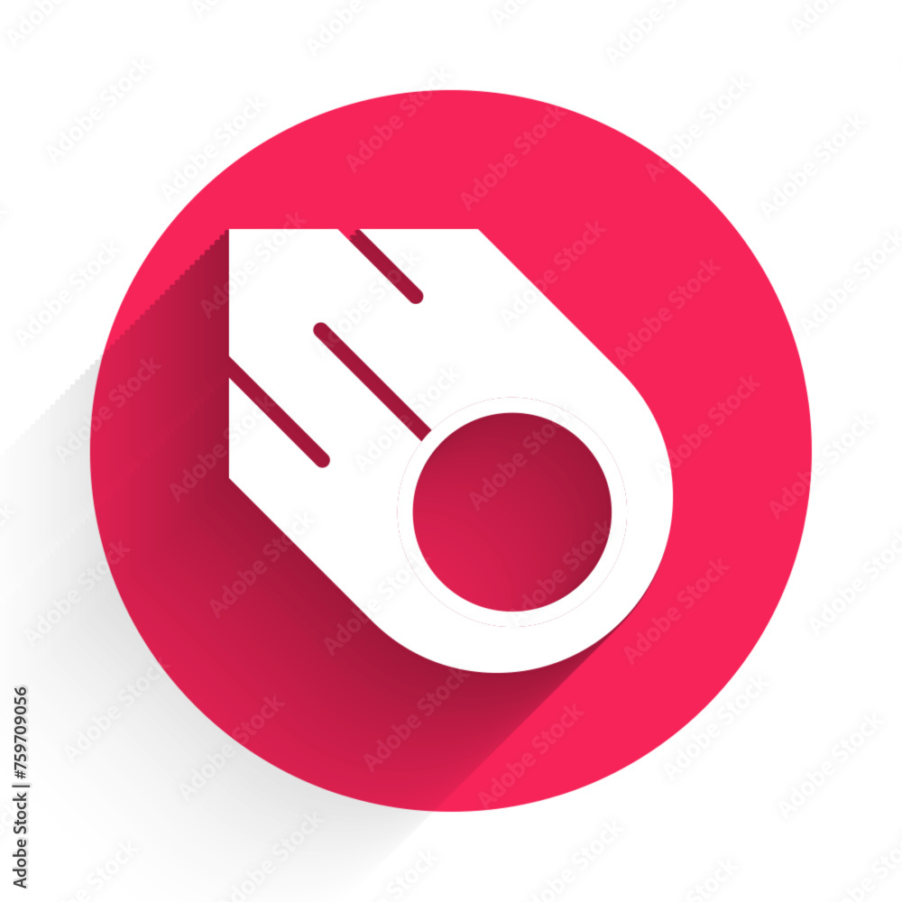 Poster white comet falling down fast icon isolated with long shadow background. red circle button. vector