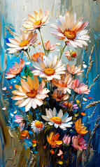 Oil painting of daisies on canvas.