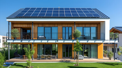 Fototapeta premium Modern eco friendly passive house with solar panels on rooftop. Solar panels and urban community garden on roof of modern apartment building in city