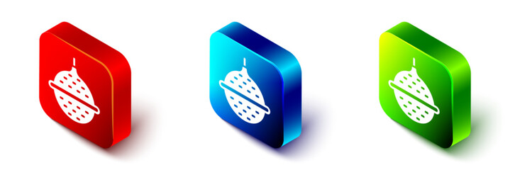 Isometric Ball tea strainer icon isolated on white background. Red, blue and green square button. Vector