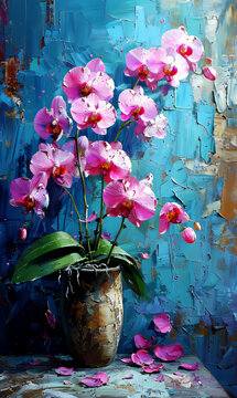 Still life with pink orchids in vase. Oil painting.