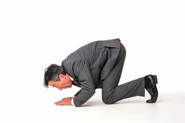 Japanese style togeza, an old businessman crawling on the floor with his face down. White background profile picture.