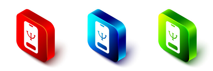 Isometric Online psychological counseling distance icon isolated on white background. Psychotherapy, psychological help, psychiatrist online consulting. Red, blue and green square button. Vector