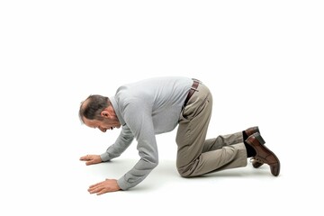 Japanese style togeza, an old businessman crawling on the floor with his face down. White background profile picture.
