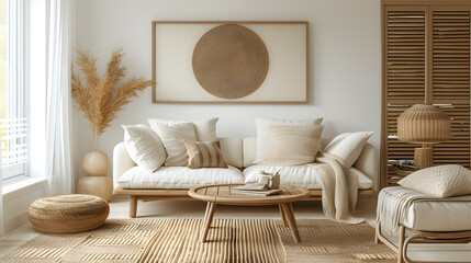 Modern house interior details. Simple cozy beige living room interior with white sofa, decorative pillows, wooden furniture and natural decorations