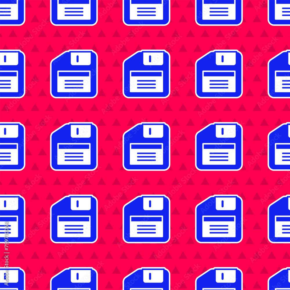 Poster blue floppy disk for computer data storage icon isolated seamless pattern on red background. diskett