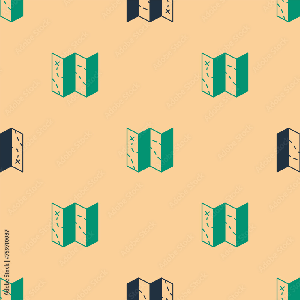 Poster green and black folded map icon isolated seamless pattern on beige background. vector