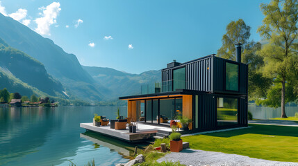 Modern shipping container house home, tiny house near lake in sunny day. Shipping container houses is sustainable, eco-friendly living accommodation or holiday home