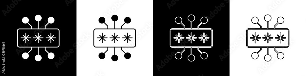 Poster set cyber security icon isolated on black and white background. closed padlock on digital circuit bo