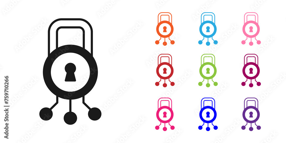 Poster black cyber security icon isolated on white background. closed padlock on digital circuit board. saf