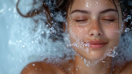Happy young woman's face in splashing water on white background.
