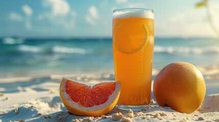 A bright, sunny outdoor scene with a grapefruit-flavored beer in a tall glass, next to a halved grapefruit, on a white sandy beach