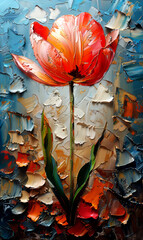 Oil painting on canvas. Red tulip flower.
