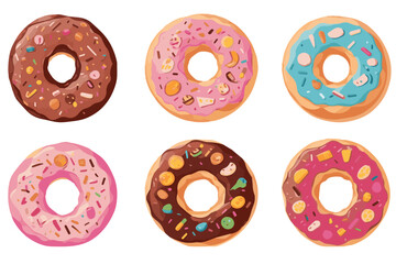 Obraz premium Set of colorful tasty donuts with icing and sprinkles isolated on transparent or white background. Vector illustration.