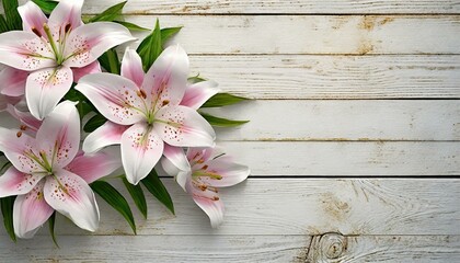 Pink lilies on white wooden boards. Romantic floral background

