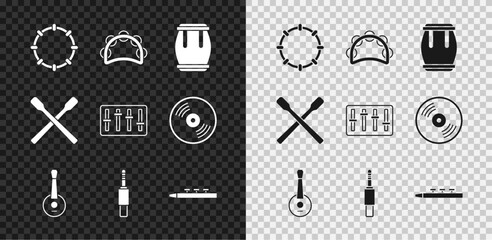 Set Tambourine, Drum, Banjo, Audio jack, and drum sticks, and Sound mixer controller icon. Vector