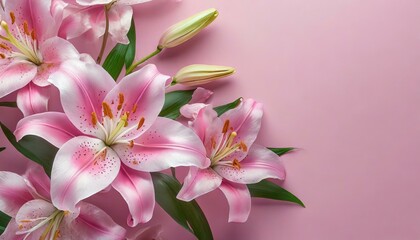 Pink lilies on a pink background. Floral, romantic retro wallpaper, wedding background,...