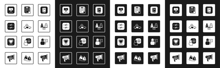 Set Law book, Police car and flasher, Barbed wire, Heart rate, Gender equality, Document, Protest and Shield icon. Vector - obrazy, fototapety, plakaty
