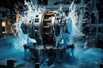 metal by machines water splashing industry - obrazy, fototapety, plakaty