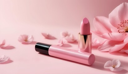 Pink lipstick  advertisement ,where the freshness of
   aroma is visualized through a backdrop of
   azure skies and floating pink flower petals - obrazy, fototapety, plakaty