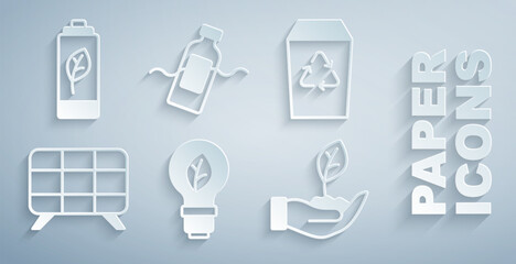 Set Light bulb with leaf, Recycle bin, Solar energy panel, Plant hand, The problem of pollution and Eco nature battery icon. Vector