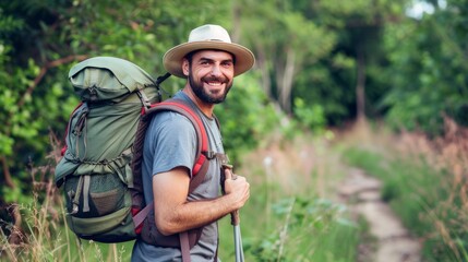 Happy man with backpack for hiking mountain, travel or sightseeing