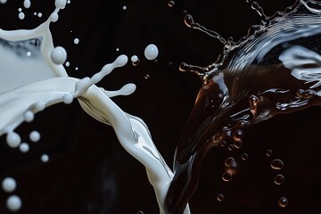 Close up view on a white milk with coffee splashing against black background