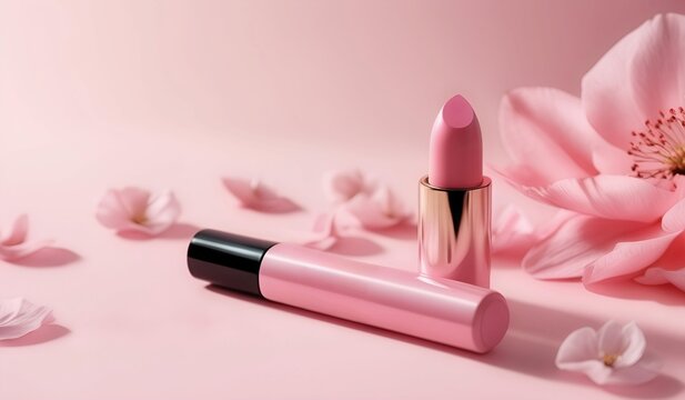 Pink lipstick  advertisement ,where the freshness of
   aroma is visualized through a backdrop of
   azure skies and floating pink flower petals