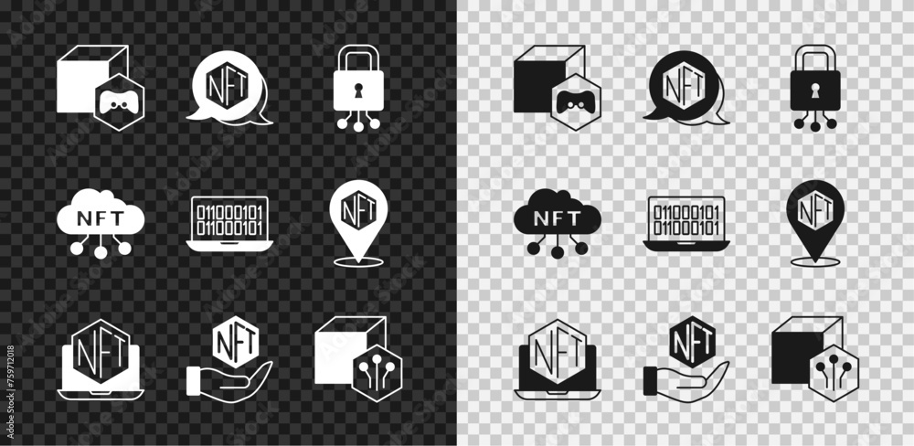 Poster set nft digital crypto art, cyber security, laptop with store app, cloud and binary code icon. vecto