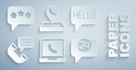 Set Telephone 24 hours support, Hello in different languages, conversation, Call center location and Speech bubble chat icon. Vector