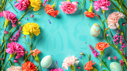 Fototapeta na wymiar Beautiful colorful Easter banner. Frame from carnation flowers of various colors Easter eggs on blue turquoise wood background