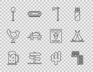 Set line Wooden beer mug, Indian headdress with feathers, Tomahawk axe, Road traffic signpost, Shovel, Wild west covered wagon, Cactus and teepee or wigwam icon. Vector © Vadim