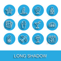 Fototapeta premium Set line Please do not disturb, Plane, Starfish, Road traffic signpost, Calendar and airplane, Ice cream in waffle cone, Scallop sea shell and Martini glass icon. Vector