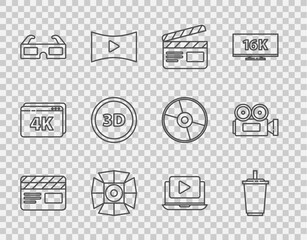 Set line Movie clapper, Paper glass with water, spotlight, 3D cinema glasses, word, Online play video and Cinema camera icon. Vector