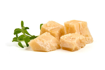 Parmesan cheese chunks, hard cheese, isolated on white background.