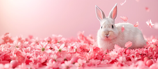 Cute fluffy white bunny sitting among pink flowers. Creative Easter banner in pastel colors....