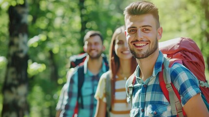 Obraz premium Happy man with friends with backpack for hiking mountain, travel or sightseeing