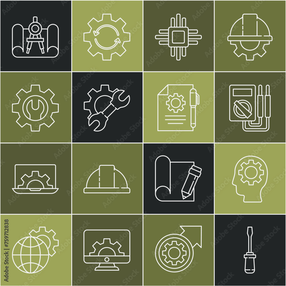 Poster set line screwdriver, human head with gear inside, multimeter, processor microcircuits cpu, wrench s