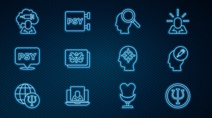 Set line Psychology, Psi, Addiction to the drug, Finding a problem, Rorschach test, and icon. Vector