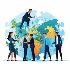 Global business people connecting earth jigsaw puzz