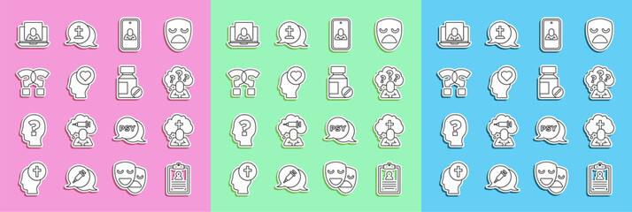 Set line Medical clipboard, Man graves funeral sorrow, Head with question mark, Psychologist online, Broken heart divorce, Question, and Sedative pills icon. Vector