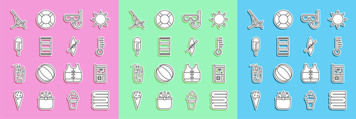 Set line Towel stack, Travel brochure, Meteorology thermometer, Diving mask and snorkel, Beach towel, Ice cream, Sunbed and Kayak canoe paddle icon. Vector