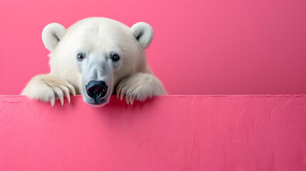 Polar bear peeking over pastel bright background. advertisement, banner, card. copy text space....