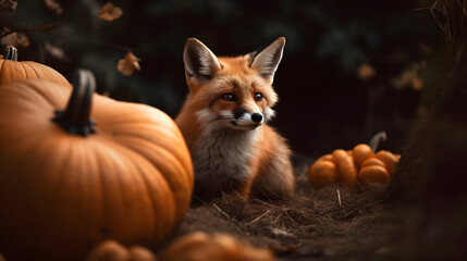 Fototapeta premium the little fox sits on top of some pumpkins