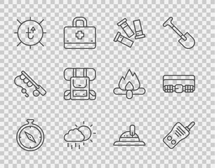 Set line Compass, Walkie talkie, Cartridges, Cloud with rain, Sun, Hiking backpack, Hunter hat and Hunting cartridge belt icon. Vector