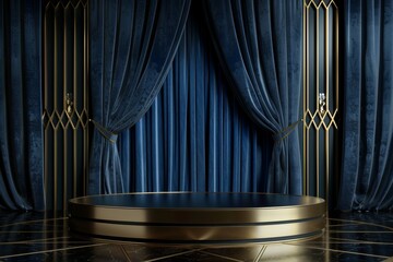 Brass stand With a backdrop of luxurious blue velvet curtains, it is ideal for displaying premium products. - obrazy, fototapety, plakaty