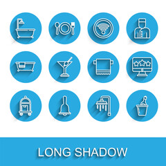 Set line Suitcase, Hotel service bell, Bathtub with shower, Shower, Champagne in an bucket, Martini glass, Five stars rating review and Towel on hanger icon. Vector