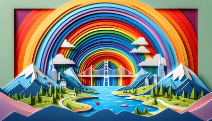 Paper cut Art Landscape with Rainbow Bridge and Mountains, Concept of Connection and Journey in Pride Month